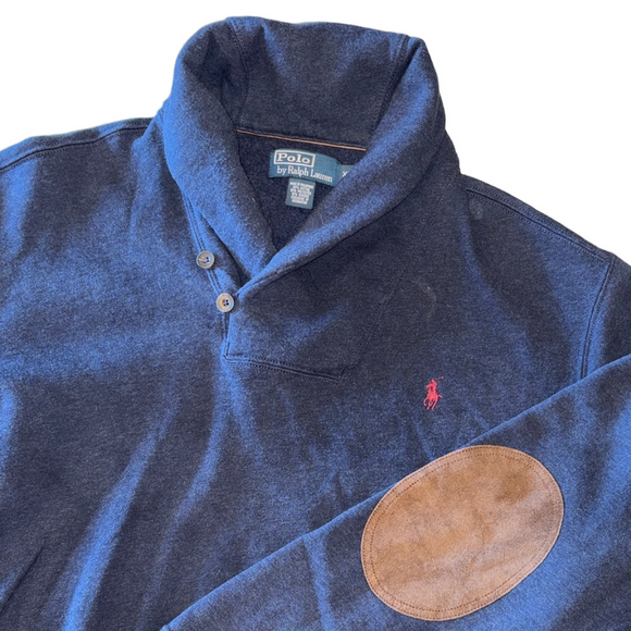 Polo Ralph Lauren Other - Polo Ralph Lauren Mens XL Shawl Collar Sweatshirt Blue Elbow Patch Pullover